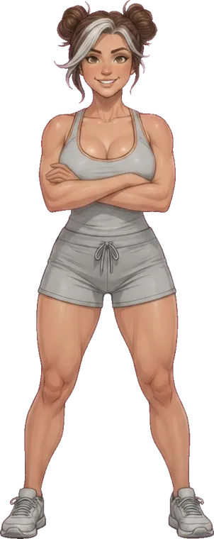 A FastMacros coach look — a friendly anime-style character in gray athletic wear, standing steady.