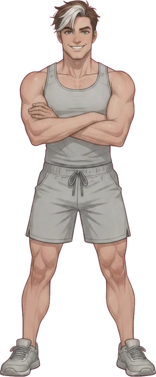 Mac, the FastMacros coach — a friendly anime-style character in a gray athletic tank and shorts, arms crossed.